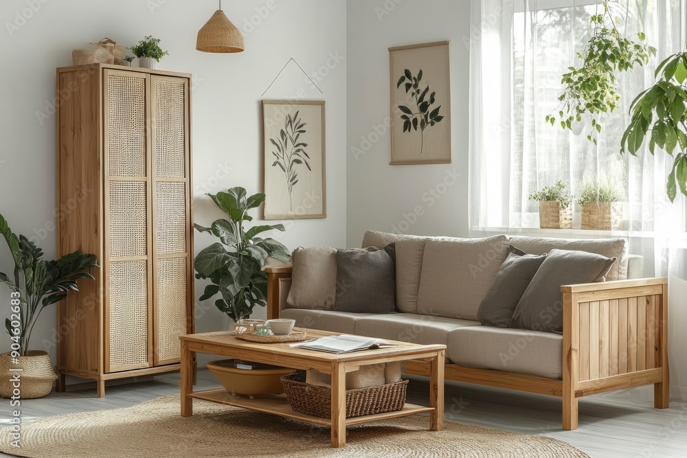 Fototapeta premium Light living room with folding screen, comfortable sofa, coffee table and chest of drawers, ai