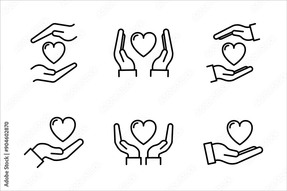 Heart icon in hand set, Love icon, Health, medicine symbol on white background. Heart icon in hand set, Love icon, Health, medicine symbol on white background.