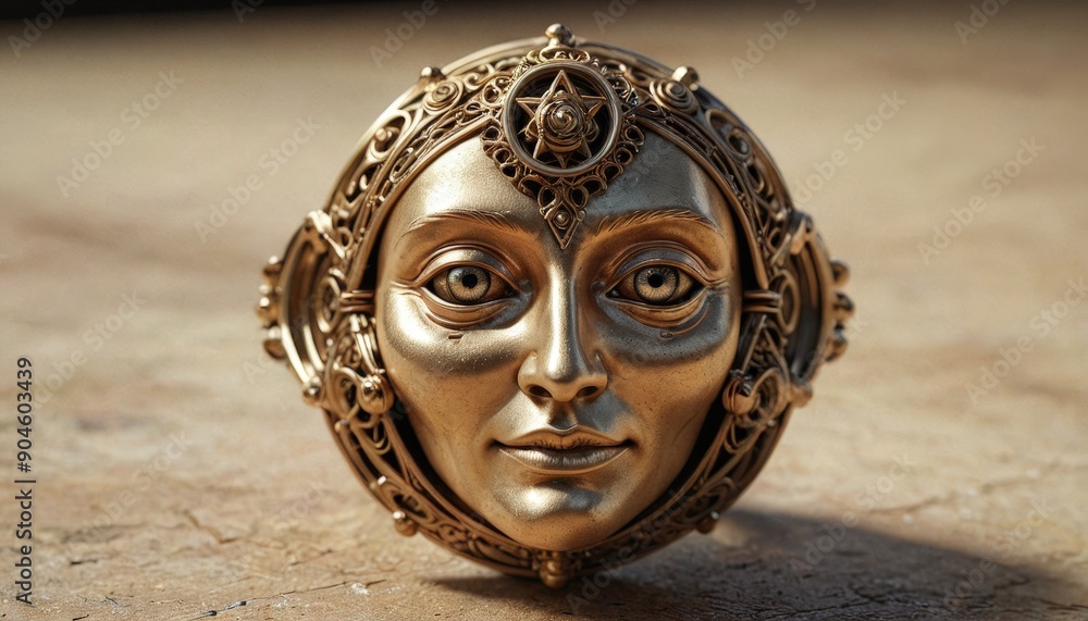 Golden Sculpture of a Woman's Face with Intricate Design. Golden Sculpture of a Woman's Face with Intricate Design.