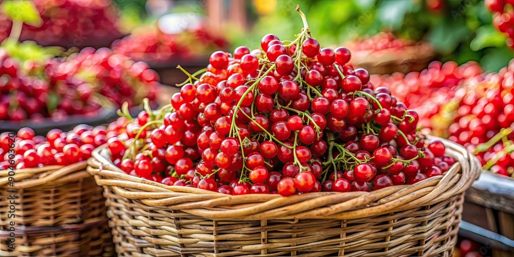 An overflowing basket of red currants at a market stall , red currants, berries, market stall, fresh, fruit, basket