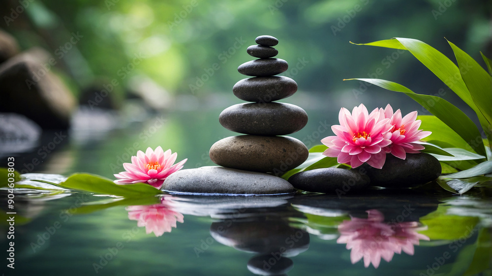 A pile of zen stones stands tall in the middle of a calm river. Surrounding it are bamboo leaves and vibrant flowers A pile of zen stones stands tall in the middle of a calm river. Surrounding it are bamboo leaves and vibrant flowers