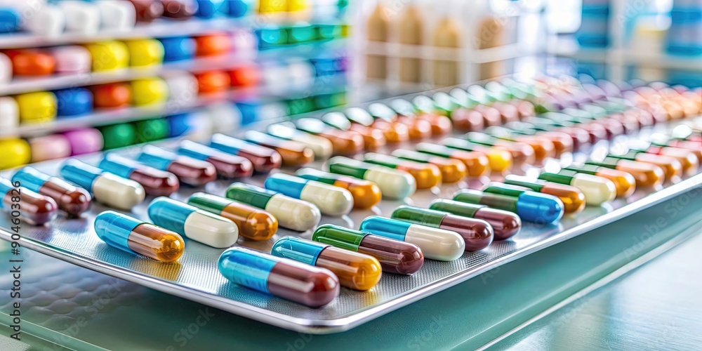 Pills and capsules neatly arranged in a pill pack on a table in a pharmacy setting , healthcare Pills and capsules neatly arranged in a pill pack on a table in a pharmacy setting , healthcare