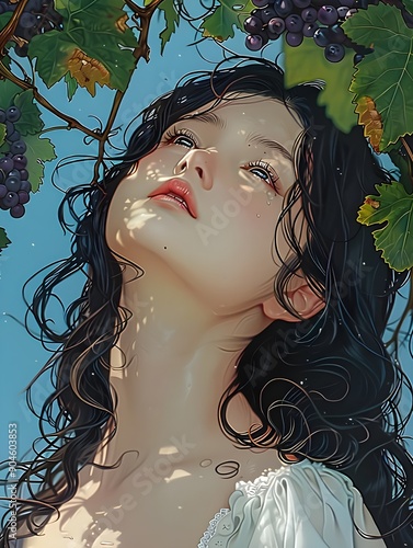 A woman with long black hair, looking up at the grape trellis photo