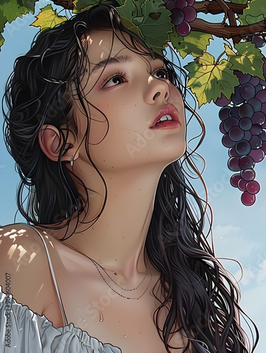 A woman with long black hair, looking up at the grape trellis photo