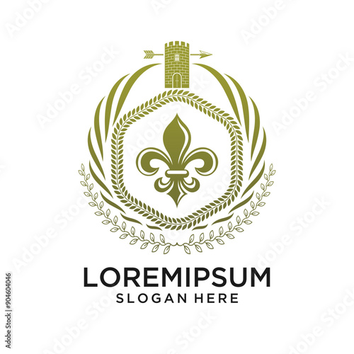 Heraldic vector vintage emblem decorated with different art elements like crown and lotus flower