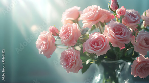 Fototapeta Naklejka Na Ścianę i Meble -  A close-up of a bouquet of pink roses in a glass vase, with soft, natural light enhancing their delicate petals. 