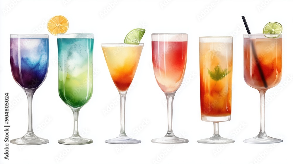Watercolor illustration of drinks and cocktails collection on white background Watercolor illustration of drinks and cocktails collection on white background