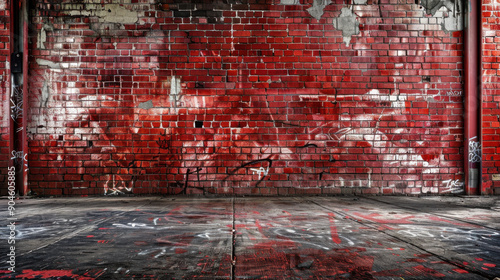 High-resolution artwork of a red brick wall in a historic factory, embellished with striking punk graffiti, capturing the essence of street art and industrial charm