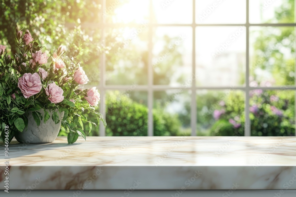Selective focus.Elegance product display background with marble top on blur big window and fresh garden.copy space , ai Selective focus.Elegance product display background with marble top on blur big window and fresh garden.copy space , ai