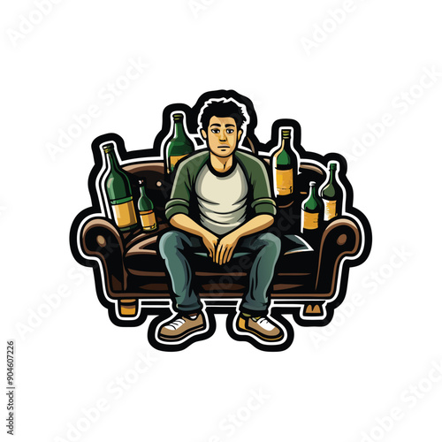 A cartoon depiction of a man sitting alone on a couch surrounded by empty alcohol bottles, representing alcohol addiction.