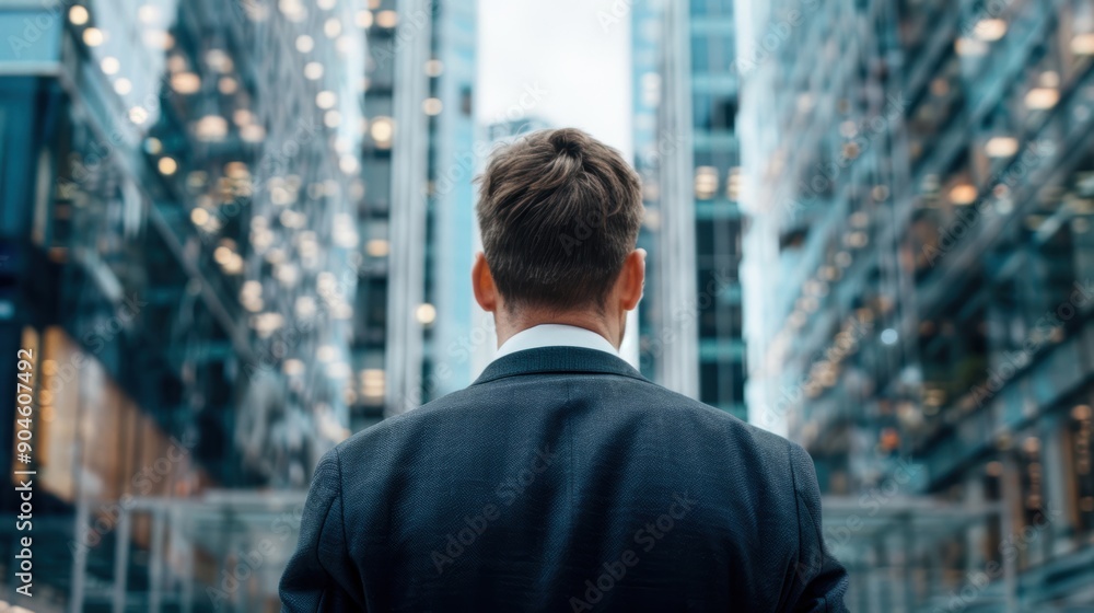 Professional man viewed from behind, navigating through a bustling urban area with towering glass skyscrapers, capturing the dynamic city atmosphere Professional man viewed from behind, navigating through a bustling urban area with towering glass skyscrapers, capturing the dynamic city atmosphere