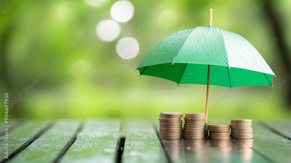 custom made wallpaper toronto digitalA green umbrella is placed over a pile of coins. The umbrella is open and the coins are stacked on top of each other. Concept of protection and security