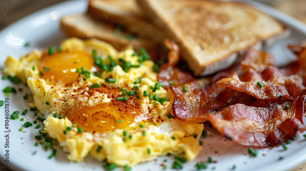 Breakfast spread with scrambled eggs, bacon, and toast Breakfast spread with scrambled eggs, bacon, and toast