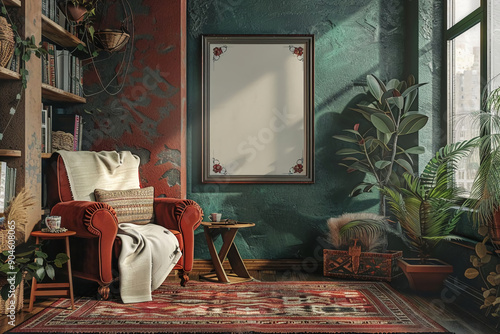 Title : A mockup of a frame and poster set in a Boho style interior room with eclectic decor, natural textures, and vibrant colors. Artistic home decor concept
