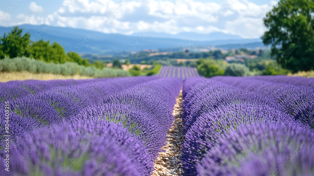 Naklejka premium A landscape view of a lavender field in full bloom, stretching into the horizon with a vibrant purple hue 