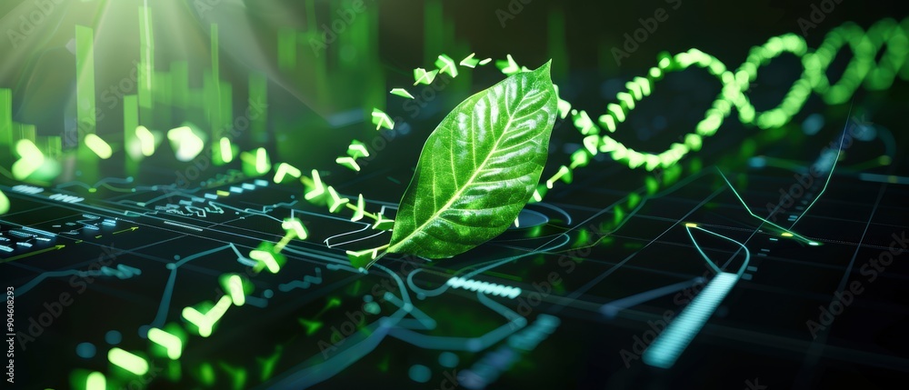 Green leaf shaped as an infinity loop over a business stock chart, representing ongoing prosperity, detailed and vibrant digital painting Green leaf shaped as an infinity loop over a business stock chart, representing ongoing prosperity, detailed and vibrant digital painting