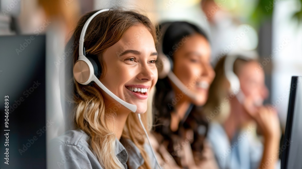 Call center training session with a diverse team of employees, all laughing and engaged, promoting a positive and collaborative workplace atmosphere Call center training session with a diverse team of employees, all laughing and engaged, promoting a positive and collaborative workplace atmosphere