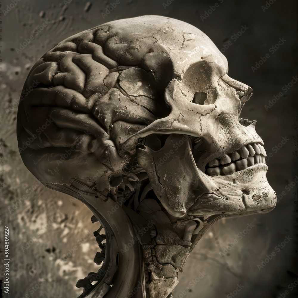 Detailed View of a Human Skull Displaying Brain Structure in a Dimly Lit Laboratory Detailed View of a Human Skull Displaying Brain Structure in a Dimly Lit Laboratory