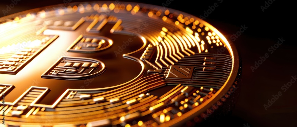 Obraz premium Bitcoin cryptocurrency coin, with a glowing effect, illustrating the digital and futuristic nature of crypto