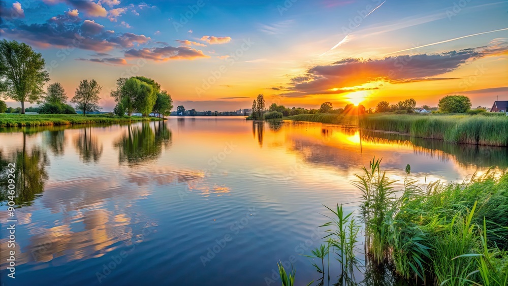 Obraz premium Sunset over the tranquil waters of Alphen aan den Rijn lake , sunset, Alphen aan den Rijn, water, lake, reflection, peaceful