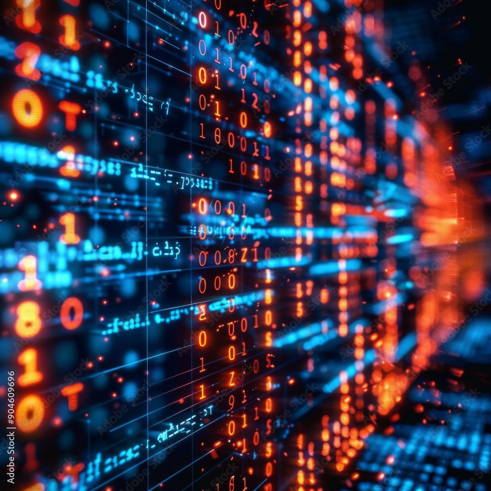 Fototapeta premium Abstract digital binary code background in blue and orange.