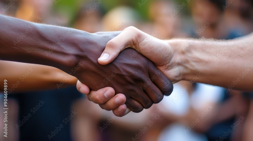 Close-up handshake with a backdrop of diverse people, unity and diversity concept Close-up handshake with a backdrop of diverse people, unity and diversity concept
