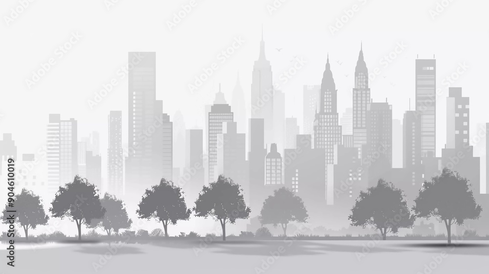 Naklejka premium Light gray cityscape background. City buildings with trees in park view. Monochrome urban landscape with beautiful street