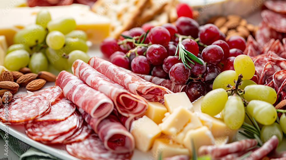 Cheese and meat platter with fruit and nuts Cheese and meat platter with fruit and nuts