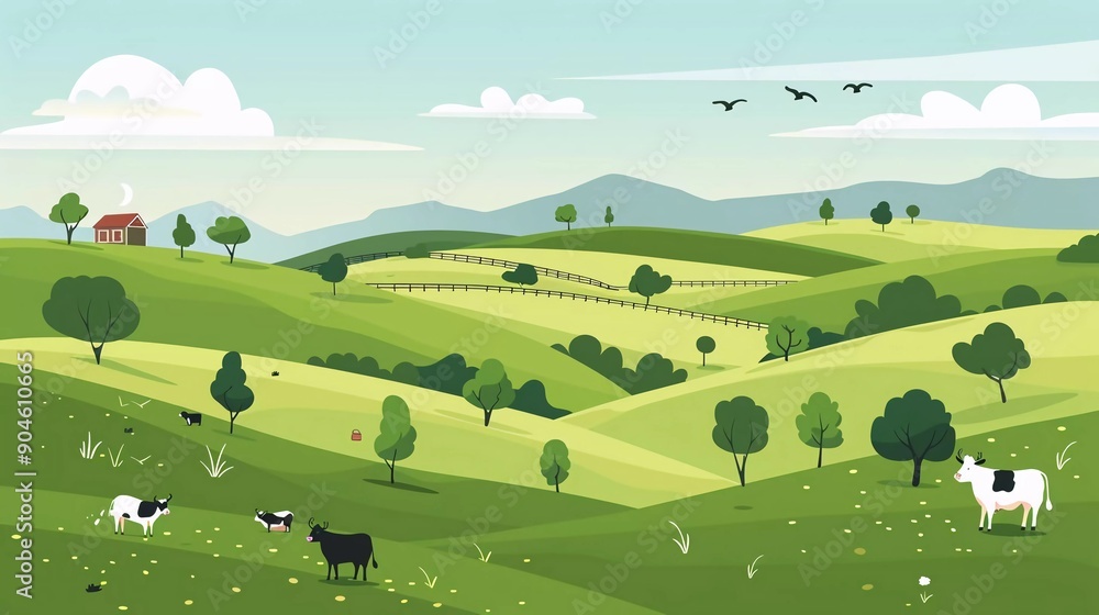 Naklejka premium Livestock flat design illustration background for eco or daily product advertising. Rural landscape with hills, cattle farms