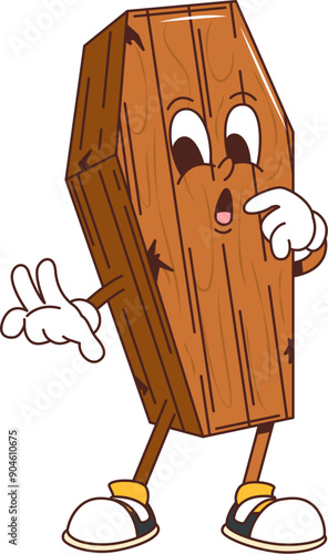 Cartoon groovy Halloween coffin casket character. Isolated vector whimsical wooden hearse, quirky and fun funereal personage with expressive eyes, gloves, and sneakers is making a surprised face