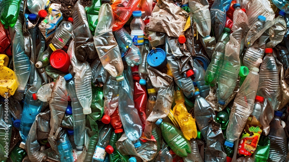 Obraz premium Pile of plastic waste in a landfill, highlighting the environmental challenge of waste management, detailed and impactful