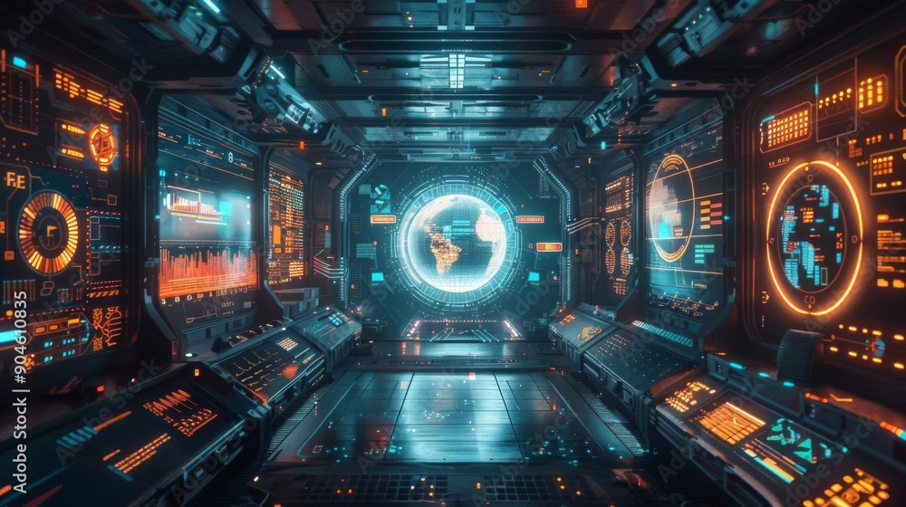 Obraz premium Futuristic spaceship interior with glowing screens and holographic Earth
