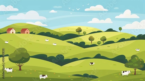 Livestock flat design illustration background for eco or daily product advertising. Rural landscape with hills, cattle farms