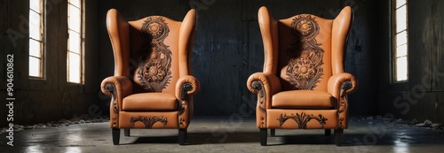 Two Ornate Armchairs in an Abandoned Room.