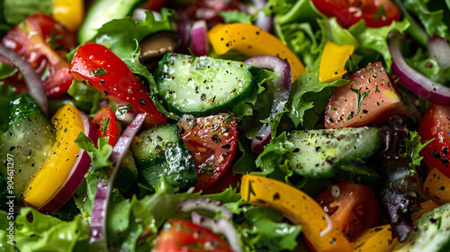 Close-up of a fresh vegetable salad with dressing