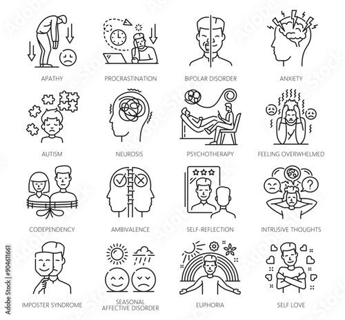 Psychological disorder problems, mental health icons. Psychotherapy or cognitive disorder or mental health thin line vector icons. Apathy, euphoria and anxiety, neurosis problems line pictograms set