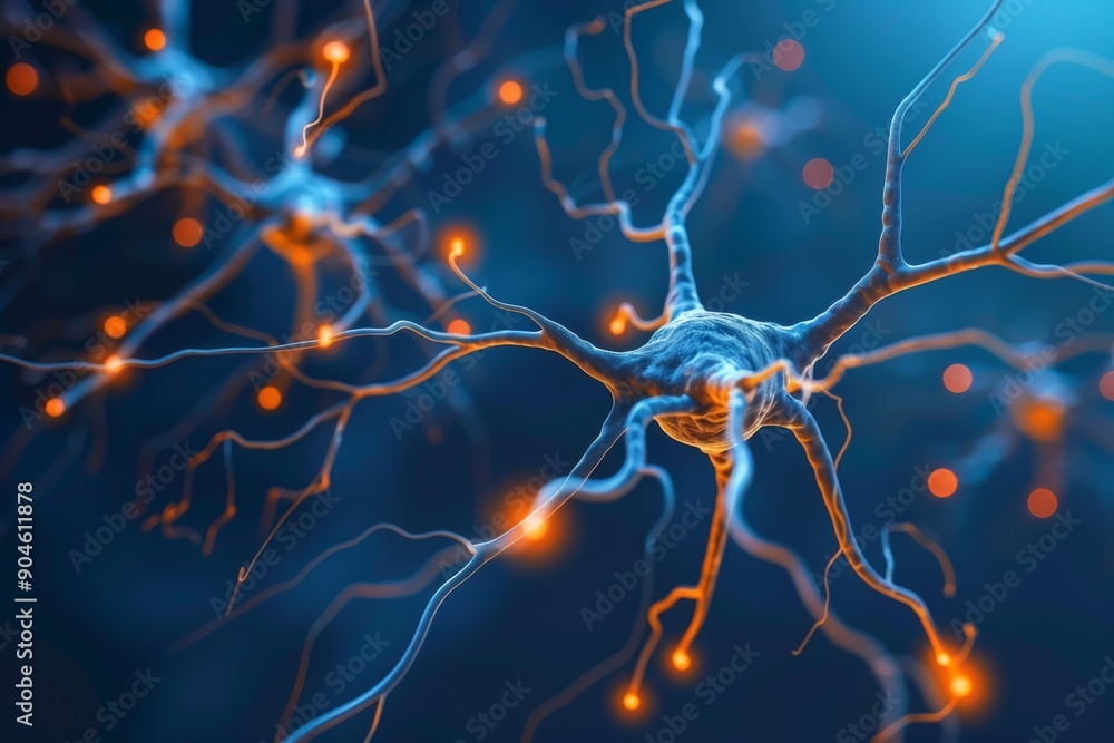 Blue neuron network with glowing connections on a dark background, showcasing the complexity and elegance of neural pathways. Blue neuron network with glowing connections on a dark background, showcasing the complexity and elegance of neural pathways.