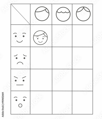 Feelings worksheet for kids, drawing expression face activity, emotion printable for kindergarten, logic table emotion