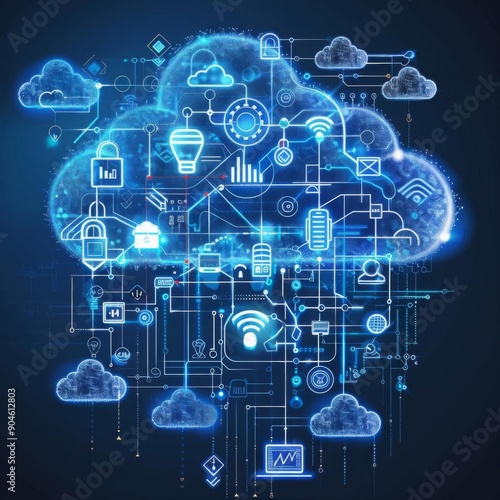 Abstract digital illustration of a cloud computing network.