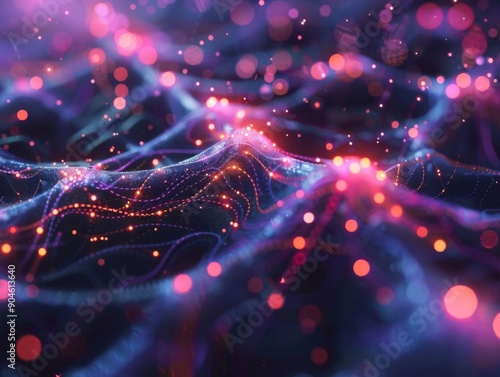 Abstract digital background with glowing particles and lines.