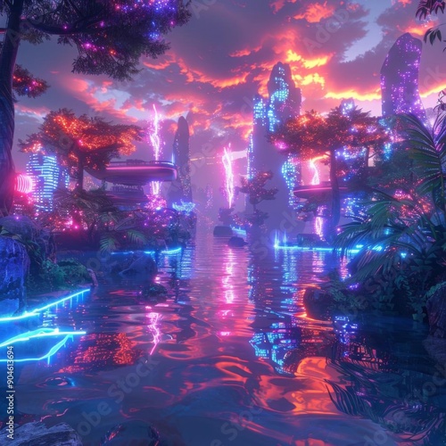 A lone figure walks through a futuristic cityscape bathed in vibrant neon light.