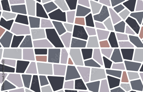 Mosaic pebble stone tile seamless pattern. Paving floor. Vector background consists of irregular, multi-sized and multi-shaped tiles in shades of gray, black, and brown, separated by white grout lines