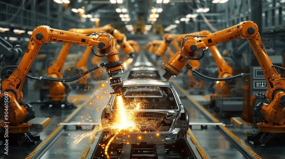 Automated car manufacturing assembly line, robots at work, Automated car manufacturing assembly line, robots at work,
