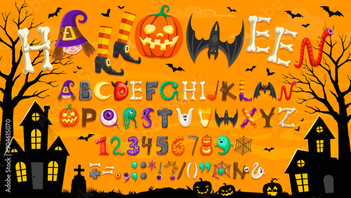 Cartoon Halloween font of scary type and witch typeface alphabet, vector letters. Halloween holiday font of spooky characters in letters with pumpkin monster, boo ghost, zombie and bats in spiderweb