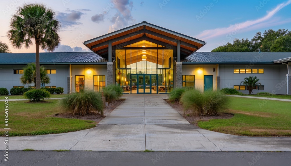 Modern architectural building with vibrant landscaping and glass entrance, showcasing a beautiful entrance at dusk. Modern architectural building with vibrant landscaping and glass entrance, showcasing a beautiful entrance at dusk.