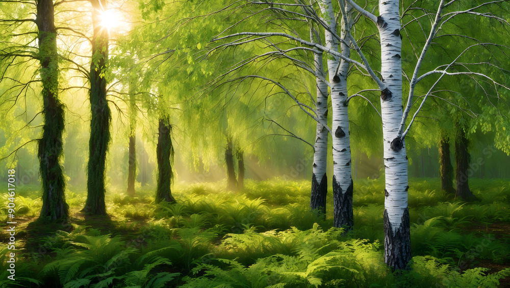 Obraz premium Sunlight Filtering Through Green Foliage of Birch Trees in a Lush Forest