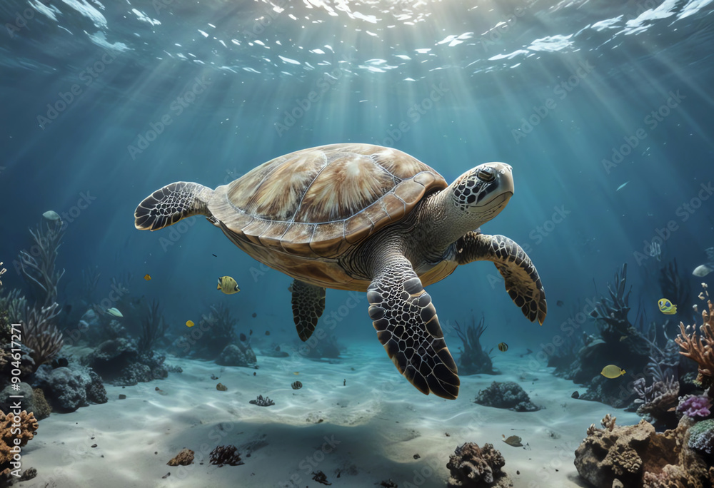 Fototapeta premium Concept art with copy space, underwater ocean with turtle