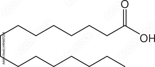 Palmitic acid molecule formula or chemical and molecular structure, vector icon. Palmitic acid or hexadecanoic fatty acid of palm oil in molecular bond structure and atom connection as dietary source
