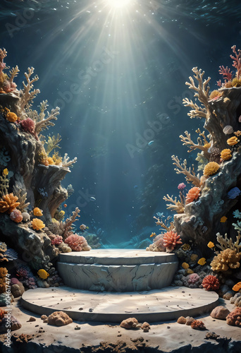 Fototapeta Naklejka Na Ścianę i Meble -  pedestal stage podium mockup for product showcase presentation with underwater sea coral reef