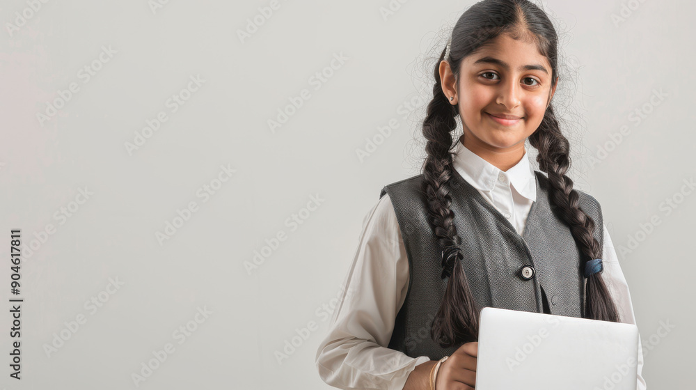Indian schoolgirl in school uniform, laptop in hand, standing on a plain white background Indian schoolgirl in school uniform, laptop in hand, standing on a plain white background